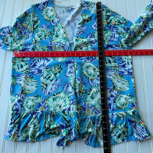Chico’s Size XL Lite abstract print ruffled open cardigan 3/4 sleeves size XXL - Picture 10 of 11